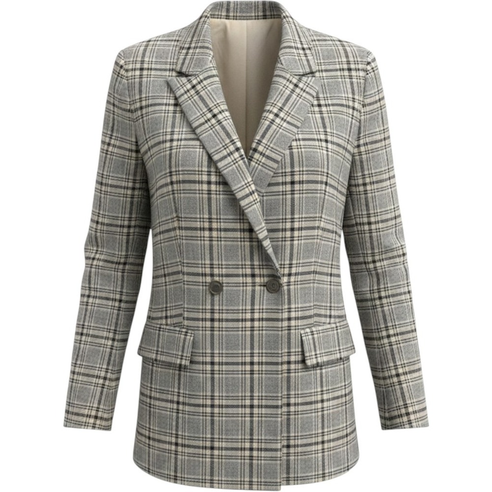 Nine West Women's Size M Gray Yellow Tartan Plaid Double Breasted Blazer Jacket